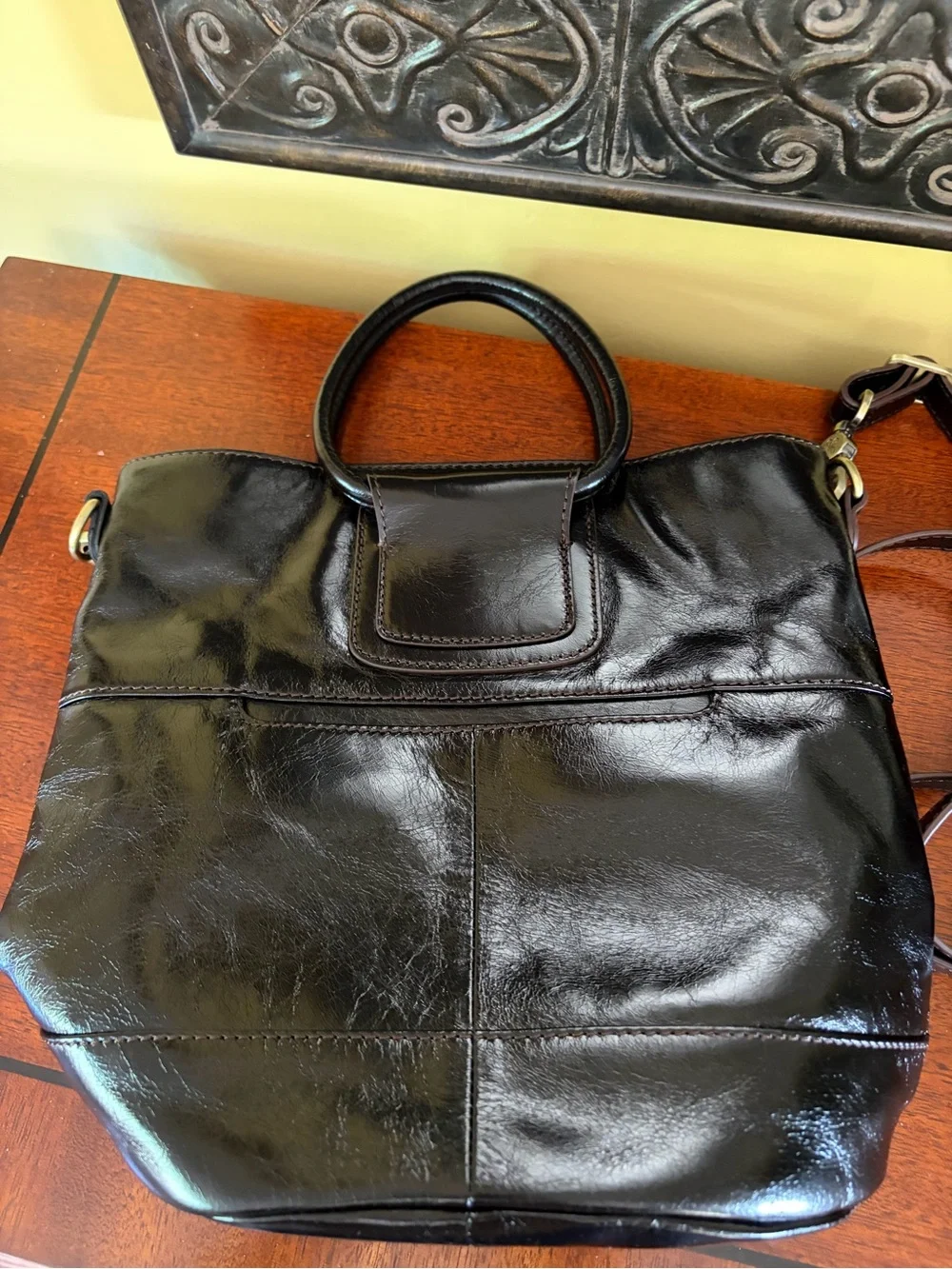 HOBO Maggie Satchel/Crossbody Polished Black Leather And Sleek Handles